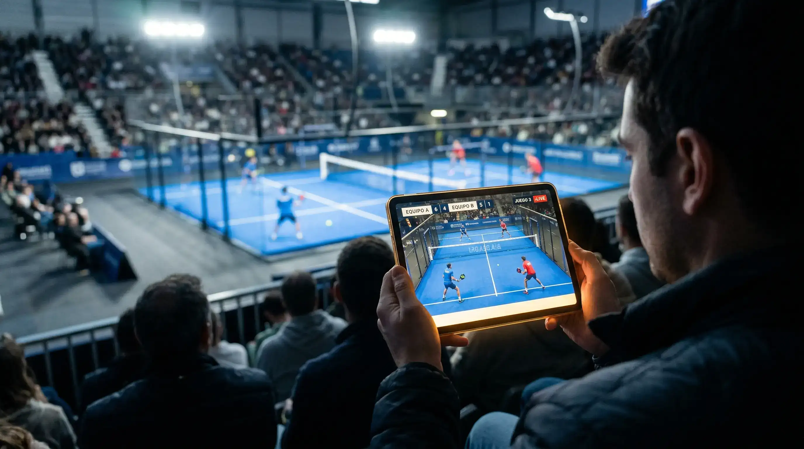 Aficionado siguiendo un partido de padel en directo desde una tableta en las gradas