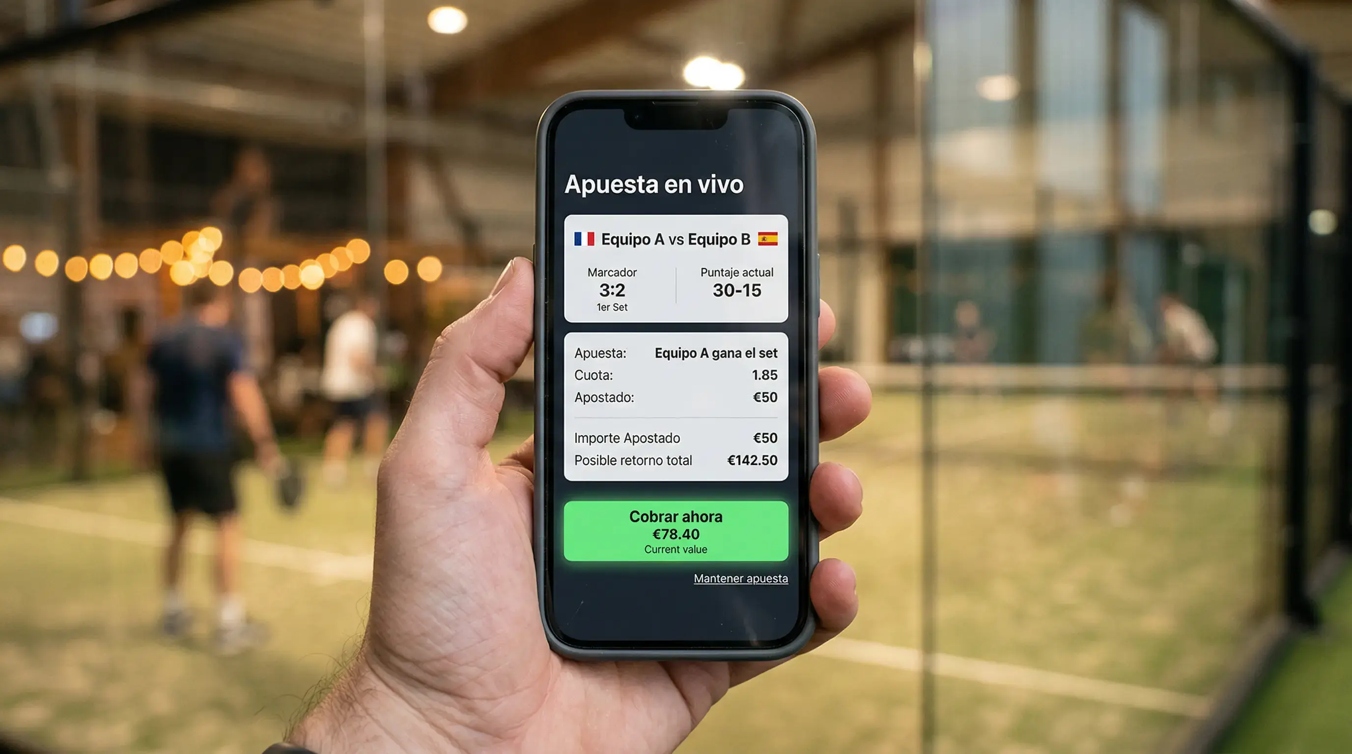 Pantalla de móvil mostrando una apuesta de pádel en vivo con botón de cash out visible