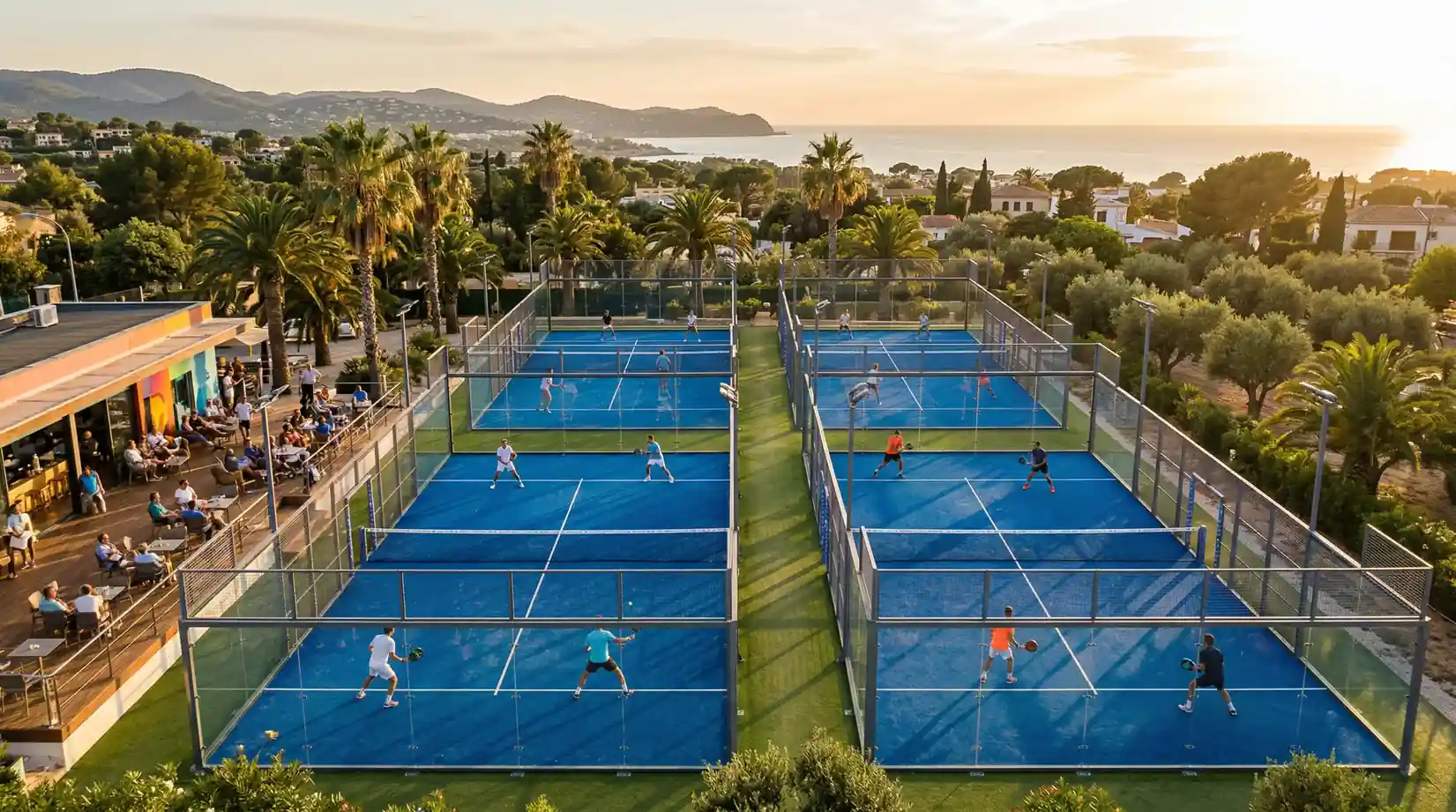 Club de padel con multiples pistas de cristal vistas desde arriba