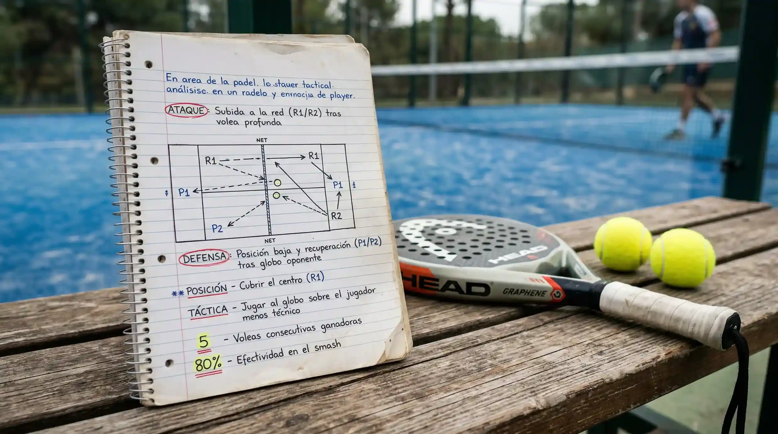 Cuaderno con notas de analisis de parejas de padel junto a una pala y una pelota