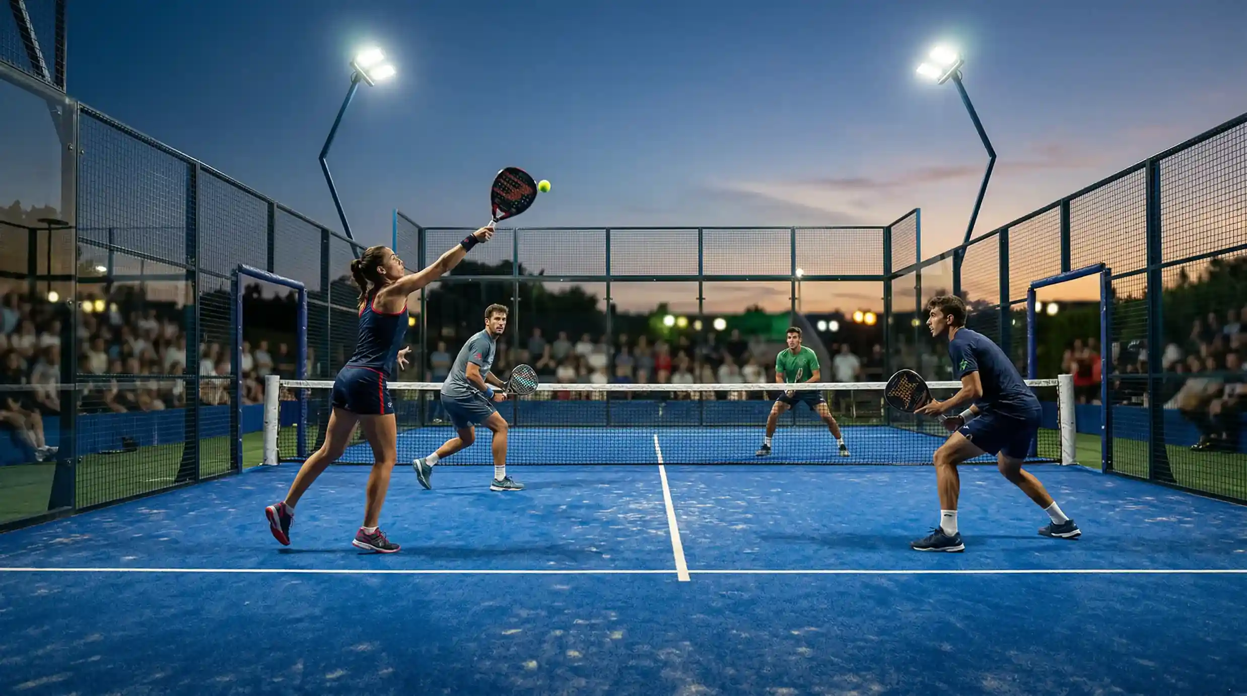 Pista de pádel profesional durante un torneo Premier Padel con marcador electrónico