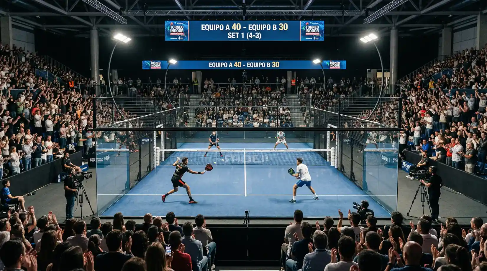 Partido de padel profesional en pista cubierta con gradas llenas de publico